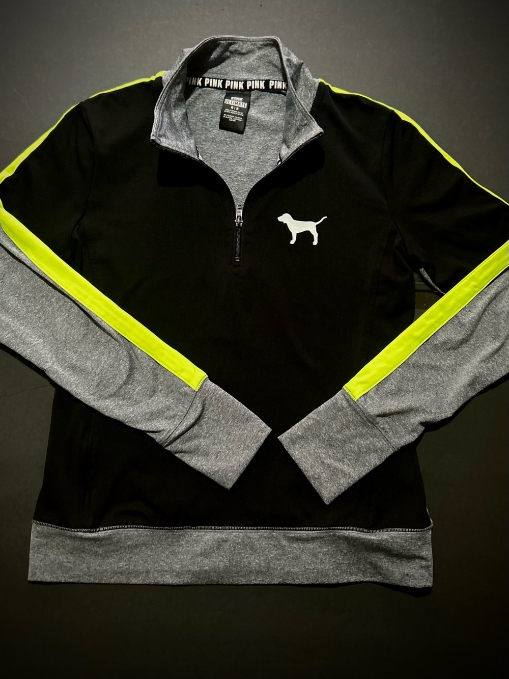 PINK Victoria's Secret Black quarter zip with Gray Lining and White Dog Logo med